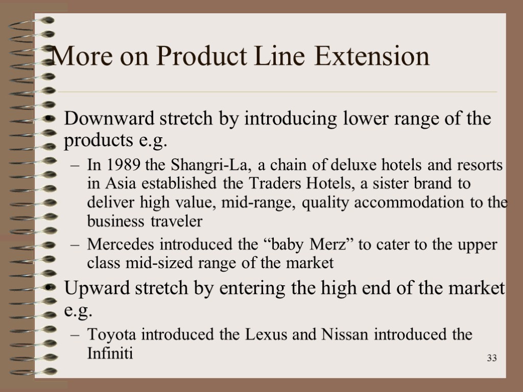 33 More on Product Line Extension Downward stretch by introducing lower range of the